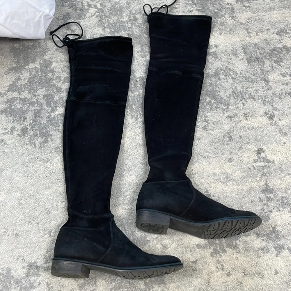 Stuart Weitzman Lowland Over The Knee Boots Black Suede Tie Back Sz 7